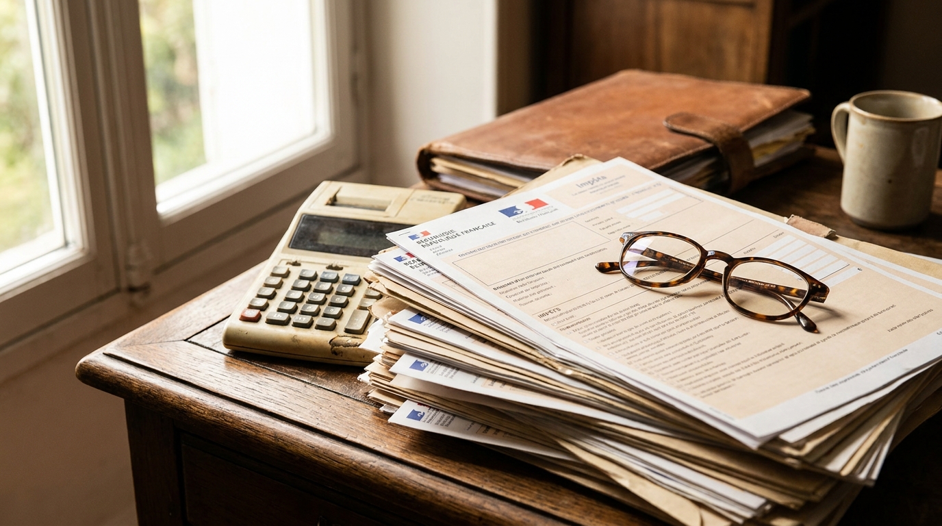 Documents administratifs et calculatrice sur un bureau en bois