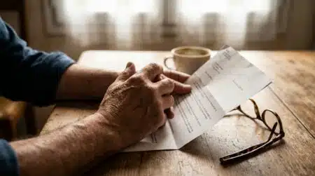 Mains tenant un courrier de pension sur une table