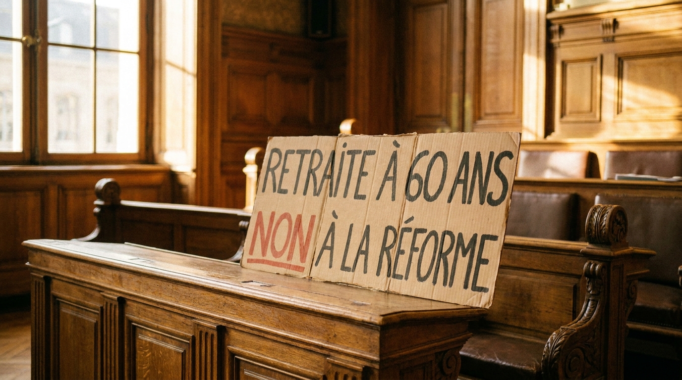 Panneau de protestation sur un banc parlementaire vide, symbole du débat sur la réforme des retraites