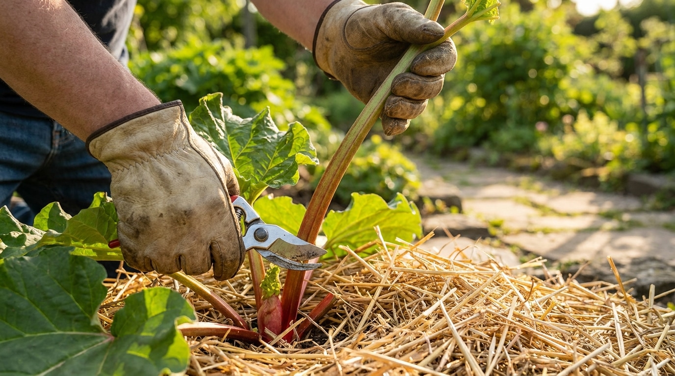 Mains coupant la tige florale au ras de la souche de rhubarbe
