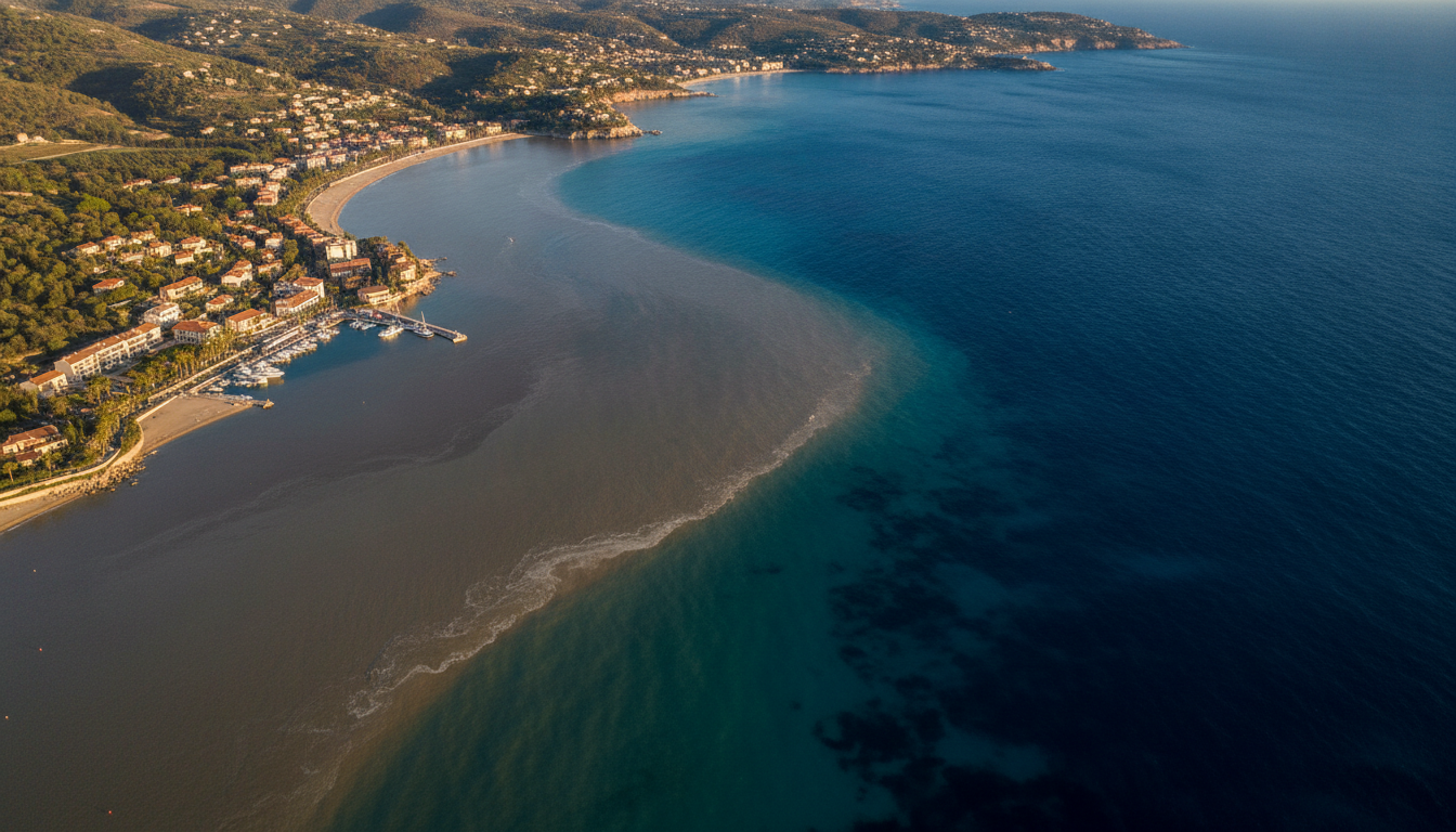 Embouchure d'un fleuve polluant la mer Méditerranée