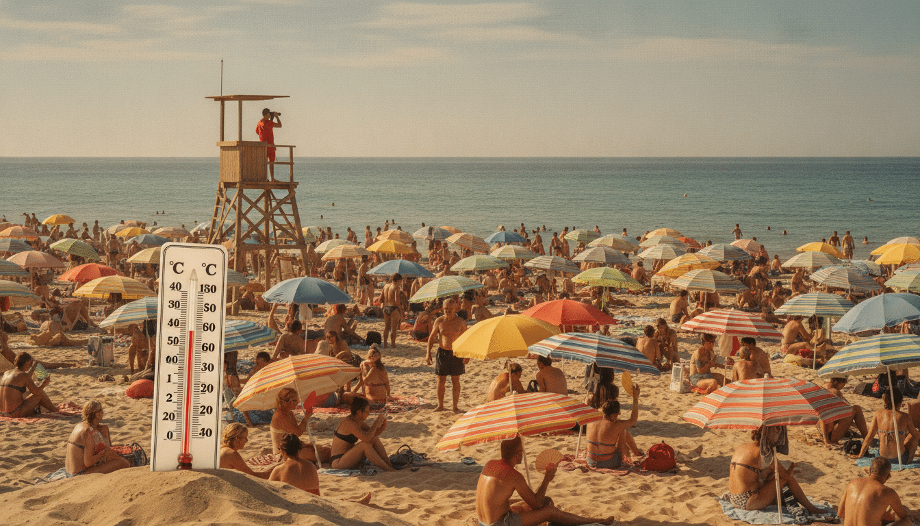 Plage bondée en France pendant la canicule estivale