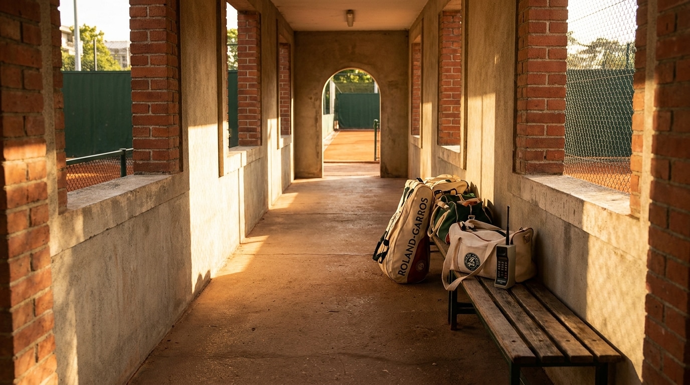 Couloir de Roland-Garros avec sac de balles et talkie-walkie