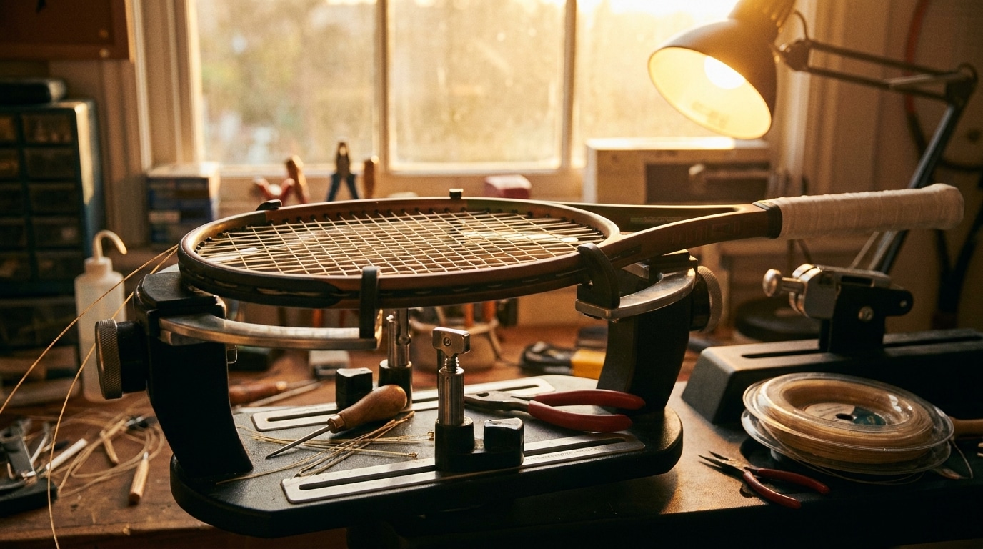Raquette de tennis en cours de cordage sur machine professionnelle