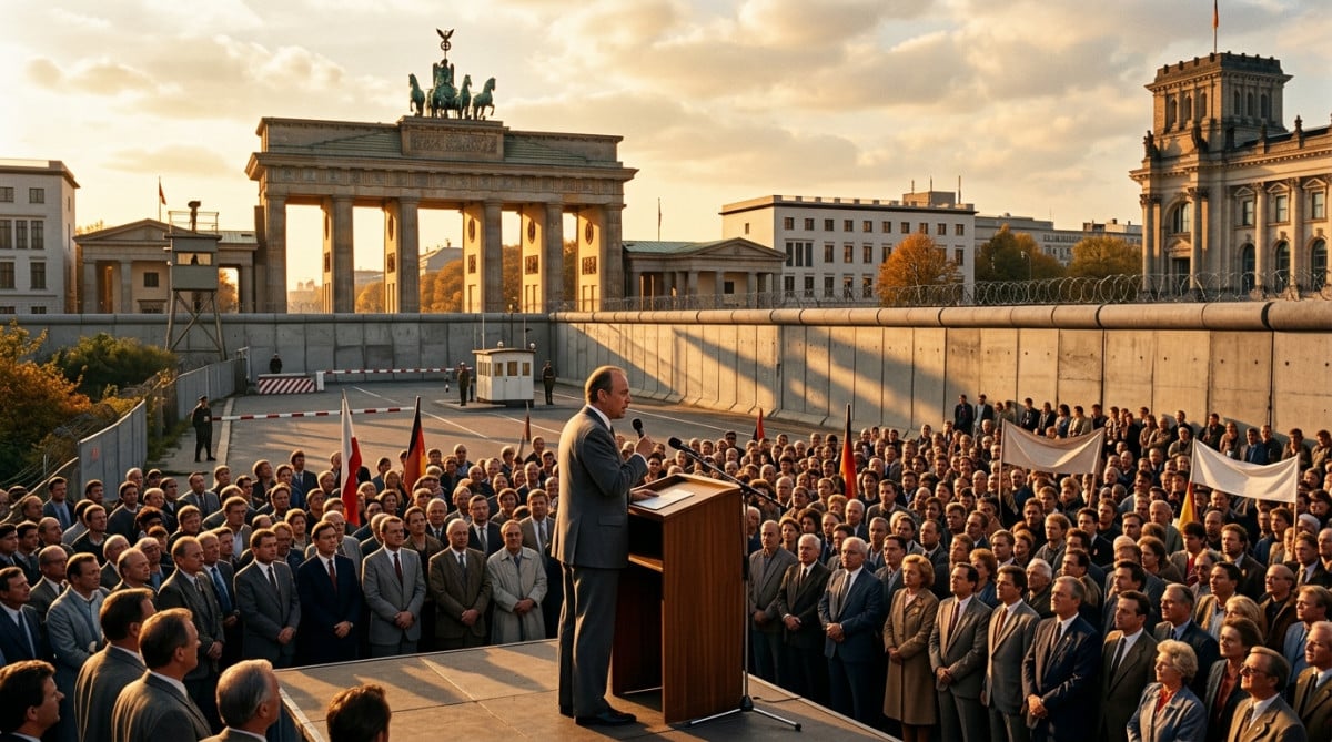 Ronald Reagan devant la porte de Brandebourg à Berlin en 1987