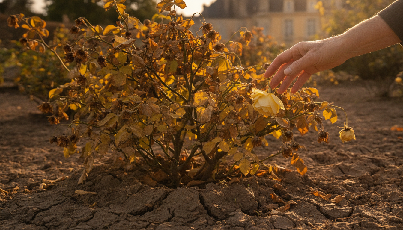 Rosier souffrant de la canicule avec feuilles jaunies