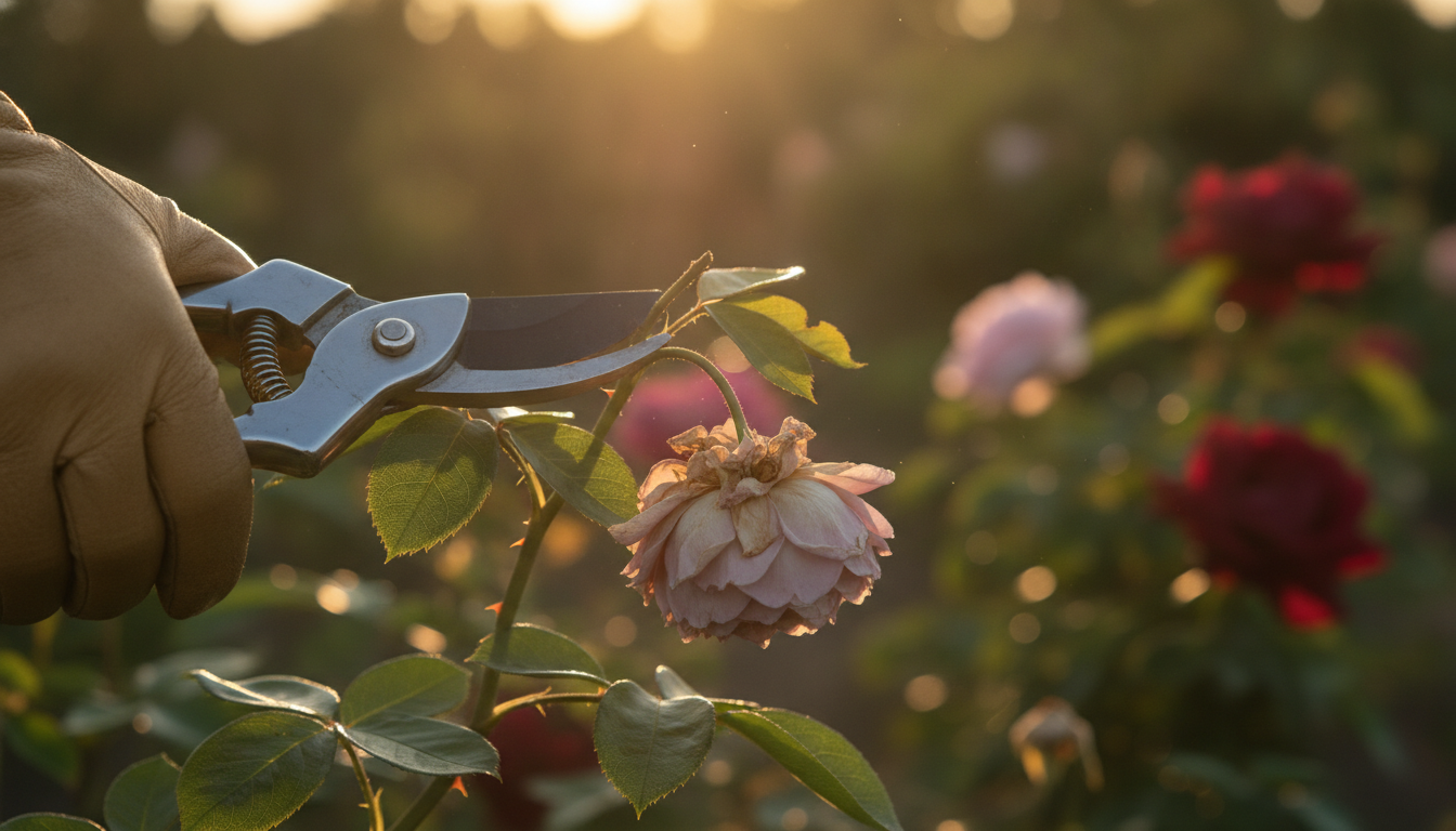 Taille des fleurs fanées au sécateur sur un rosier