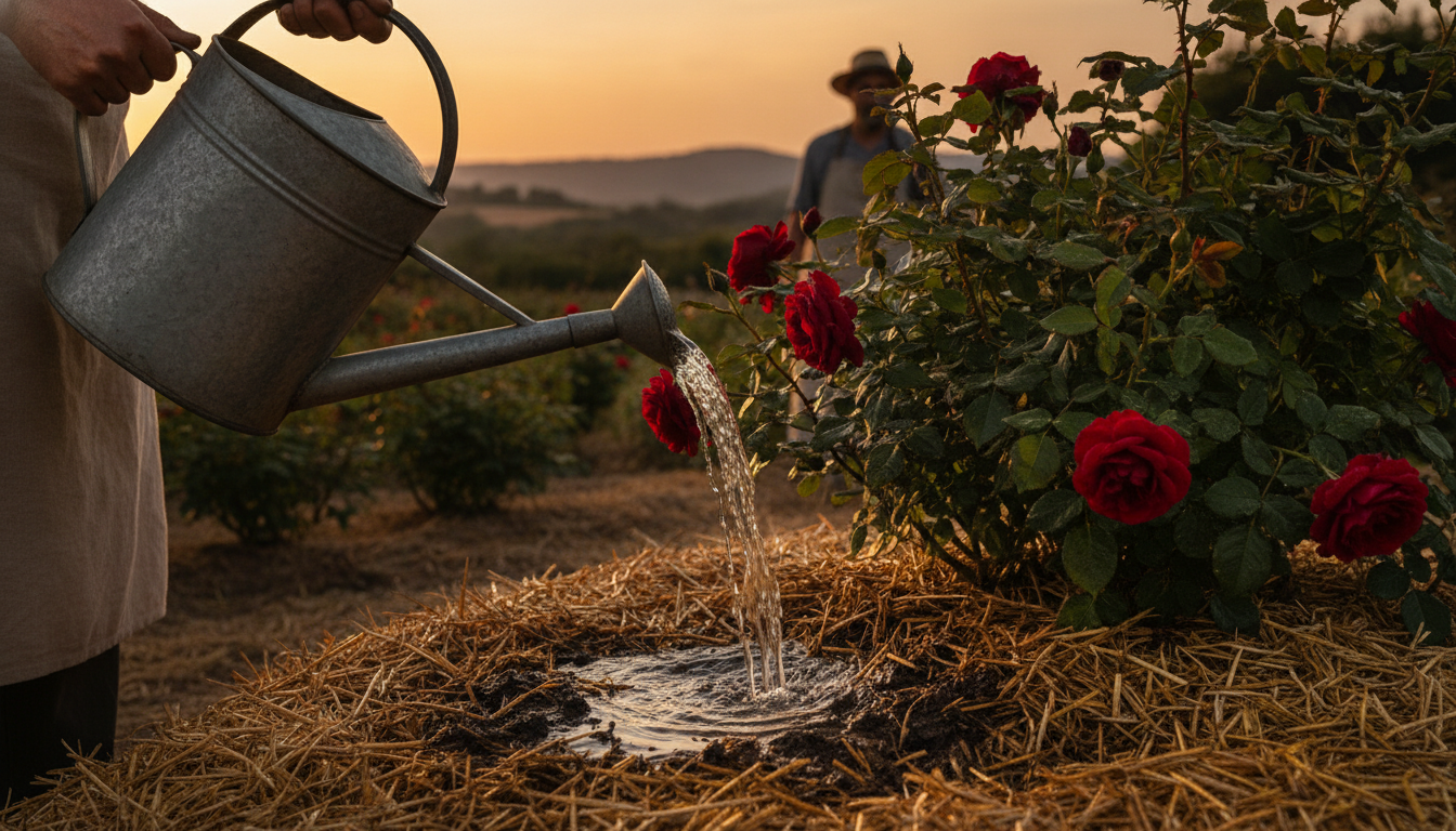 Arrosage profond au pied d'un rosier paillé le soir
