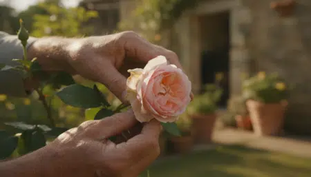 Mains d'un jardinier tenant une rose fanée sur un rosier