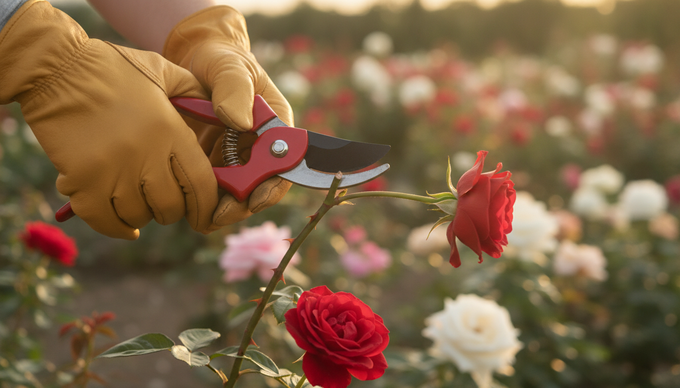 Taille d'un rosier au sécateur au-dessus d'un œil