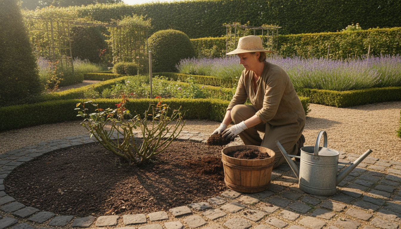Apport de compost au pied d'un rosier après la taille