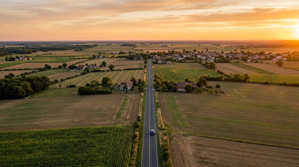 Route de campagne française traversant un paysage périurbain