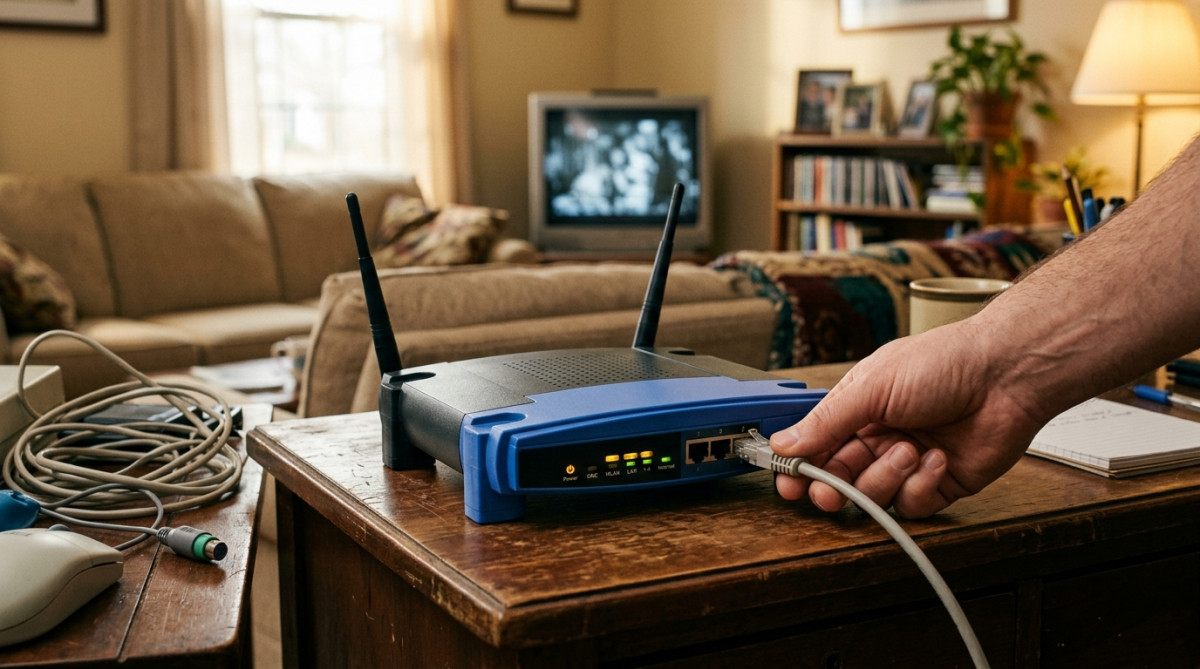 Routeur Linksys WRT54G bleu iconique sur un bureau