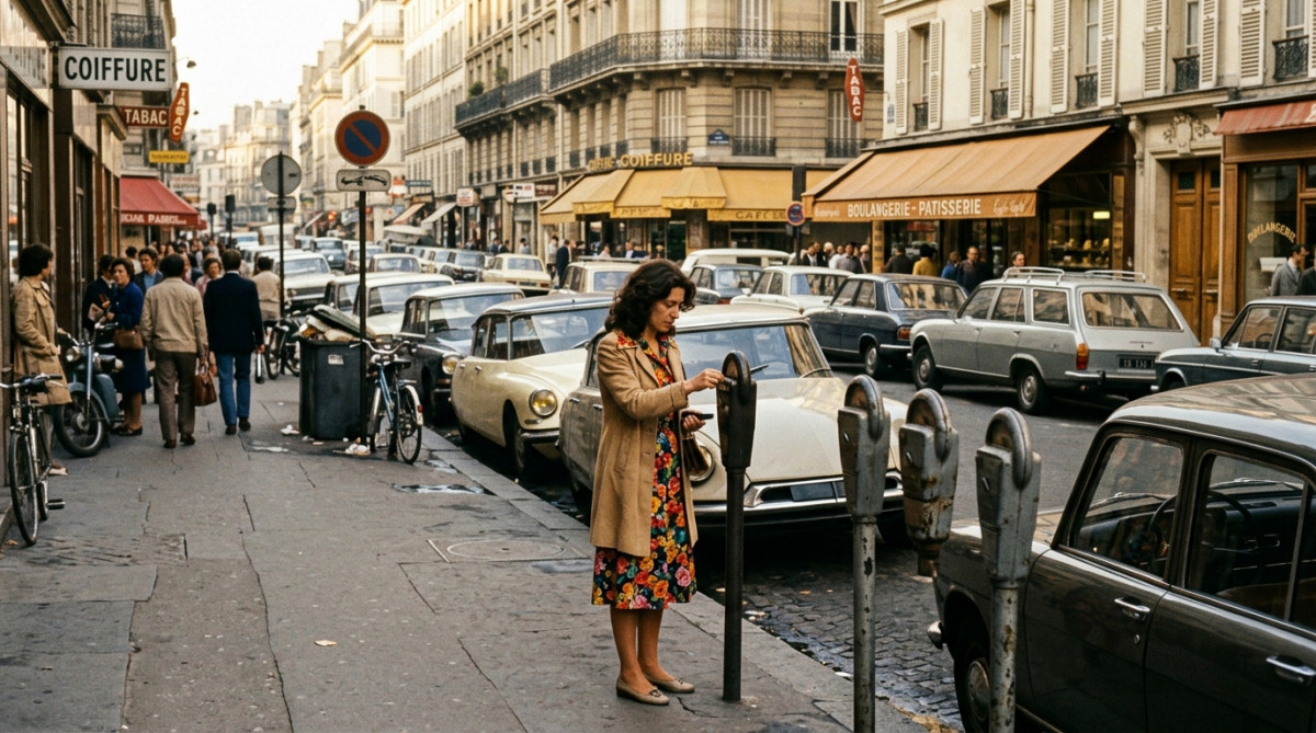 Rue française des années 70 avec voitures garées et parcmètres mécaniques