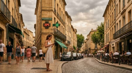 Rue française sous ciel couvert avec thermomètre affichant 33°C
