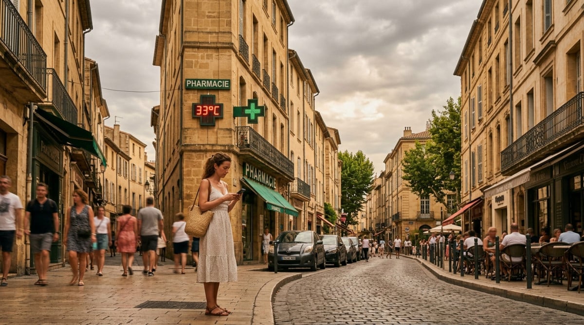 Rue française sous ciel couvert avec thermomètre affichant 33°C