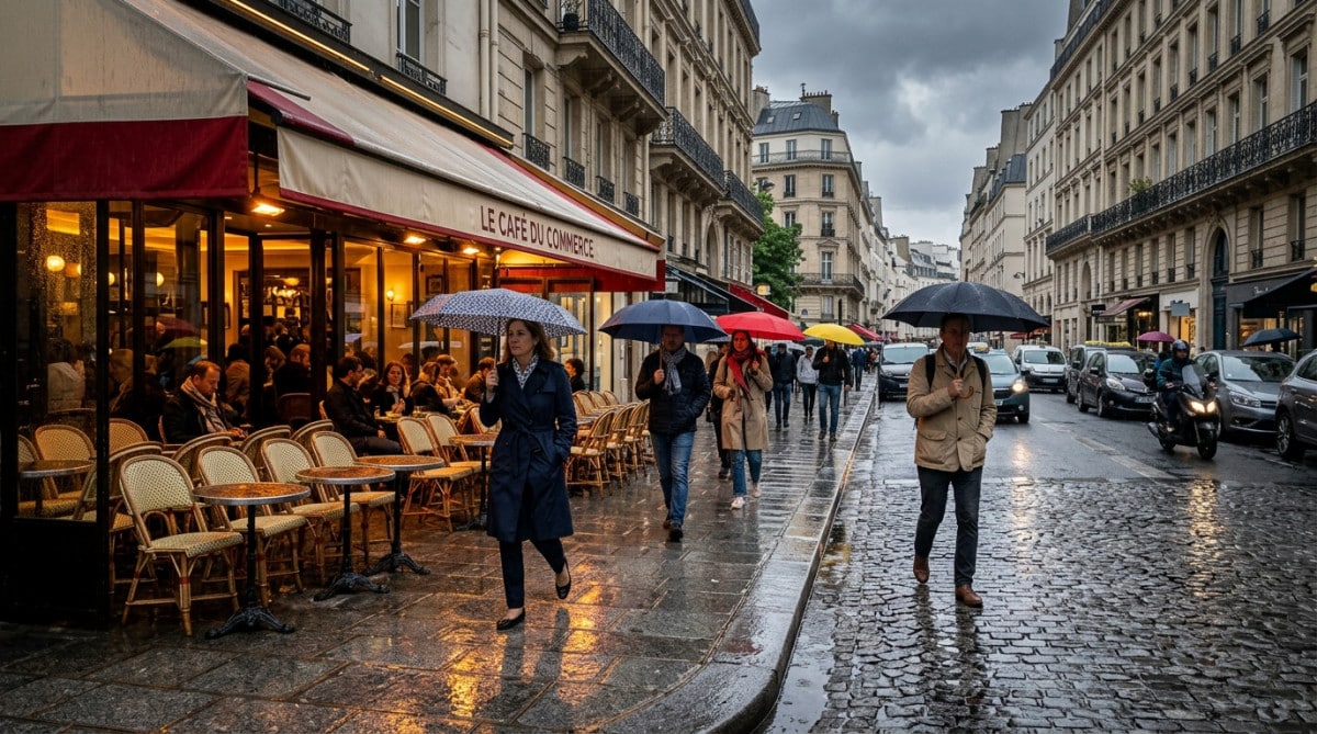 Rue parisienne sous la pluie un matin de juin