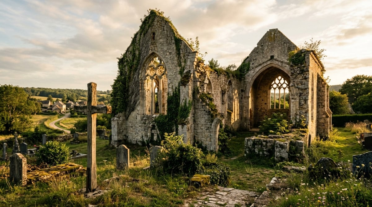 Ruines de l'église d'Oradour-sur-Glane baignées de lumière dorée