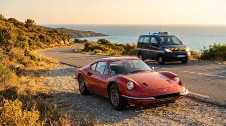 Voiture de sport rouge arrêtée sur une route côtière méditerranéenne
