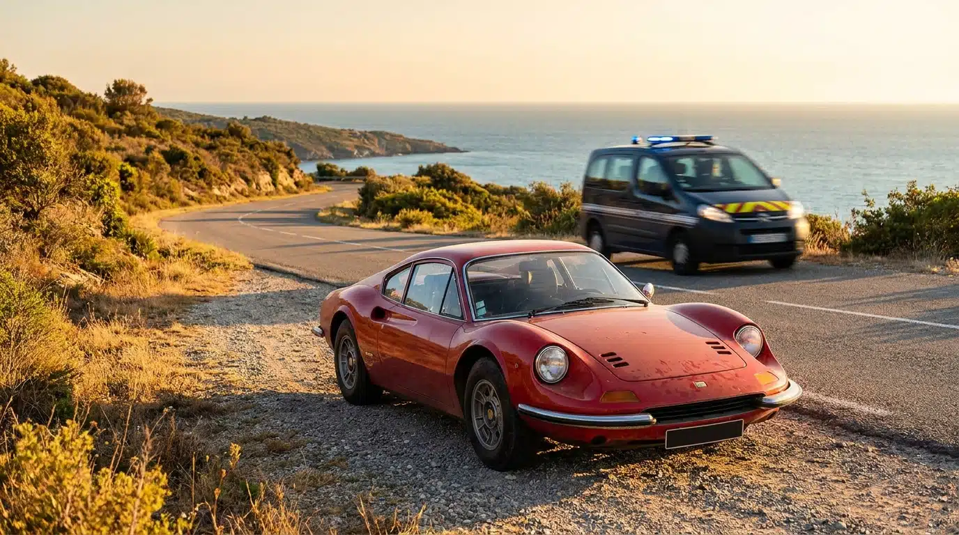 Voiture de sport rouge arrêtée sur une route côtière méditerranéenne