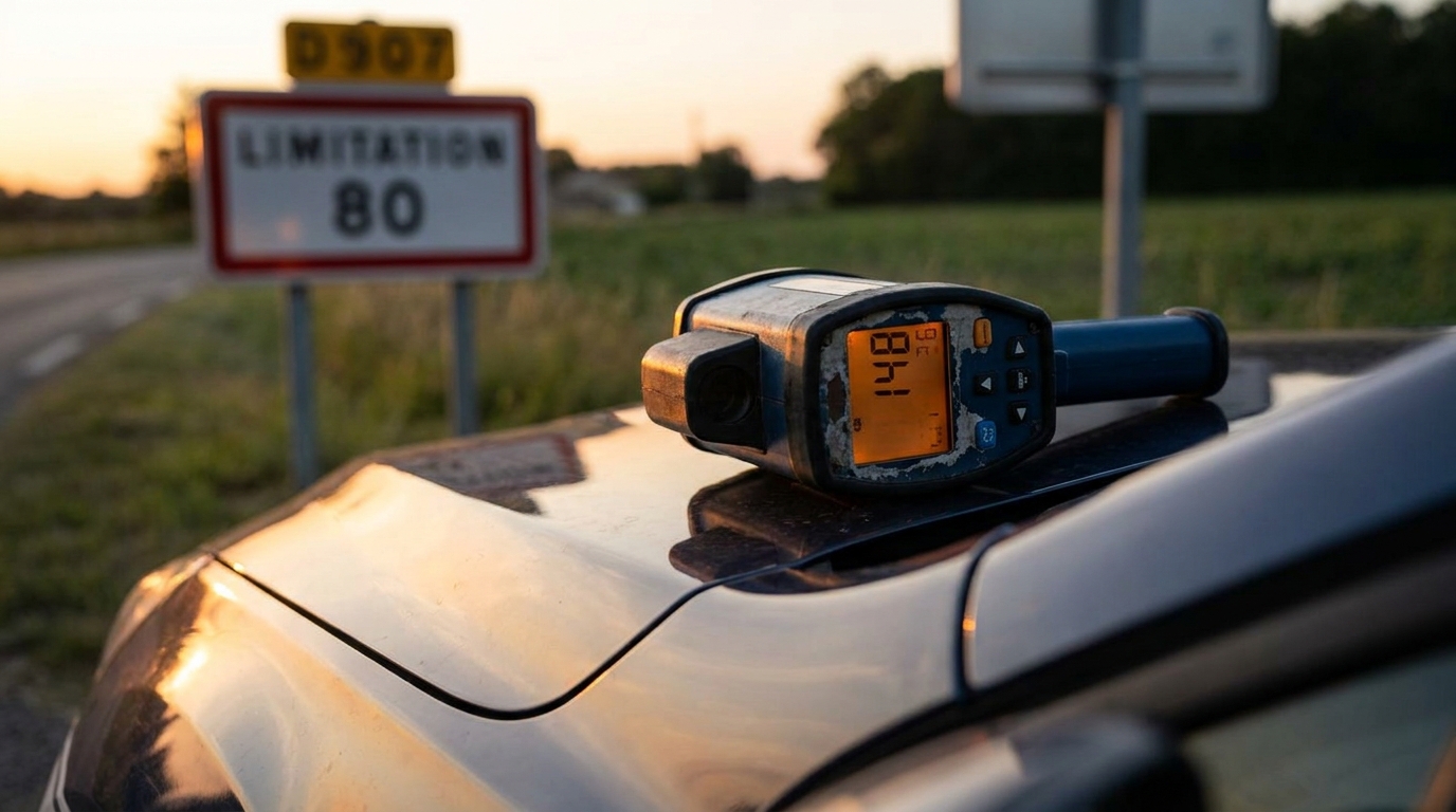 Radar de vitesse portable posé sur le capot d'un véhicule de gendarmerie