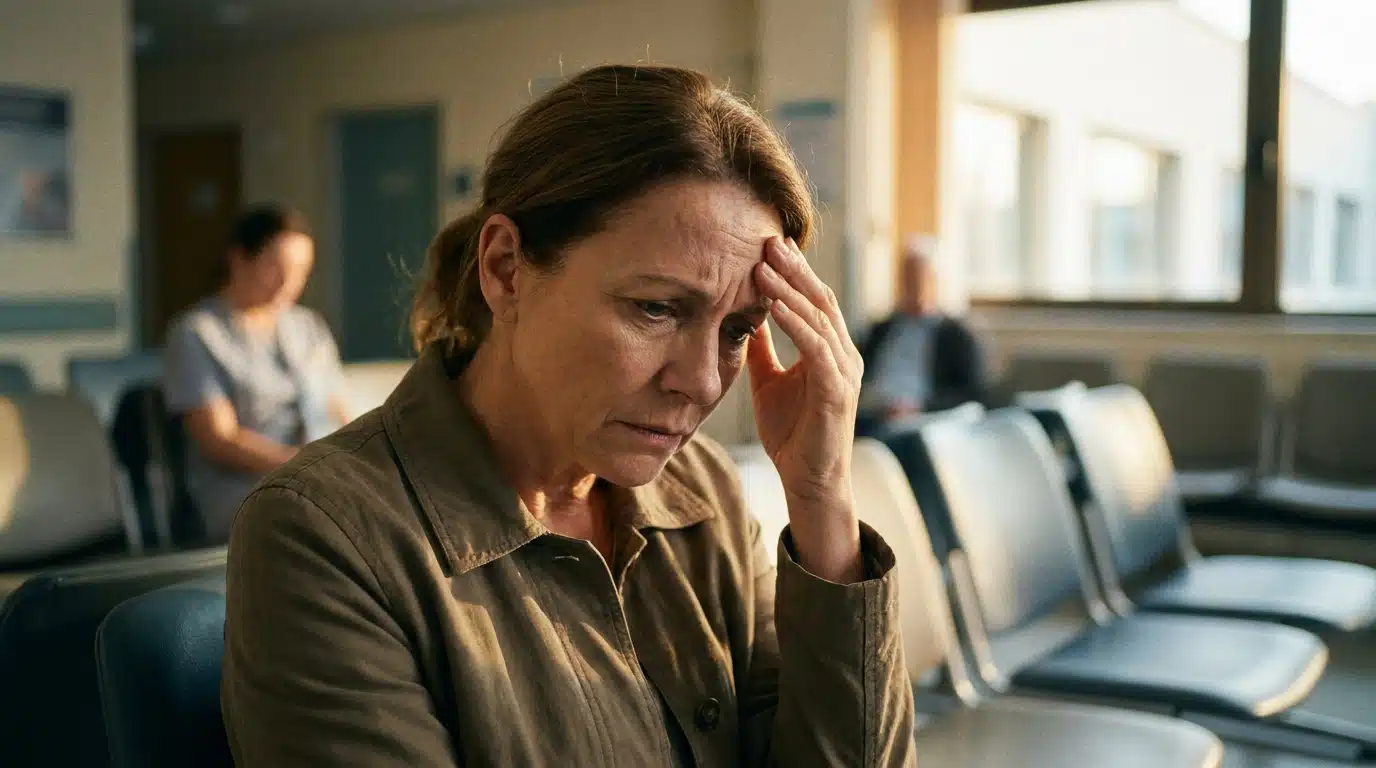 Femme inquiète assise dans une salle d'attente d'hôpital