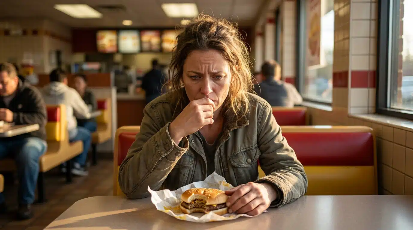 Femme inquiète devant un burger dans un fast-food