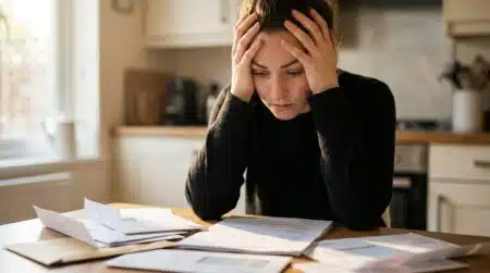 Femme désemparée face à des courriers d'amendes sur une table