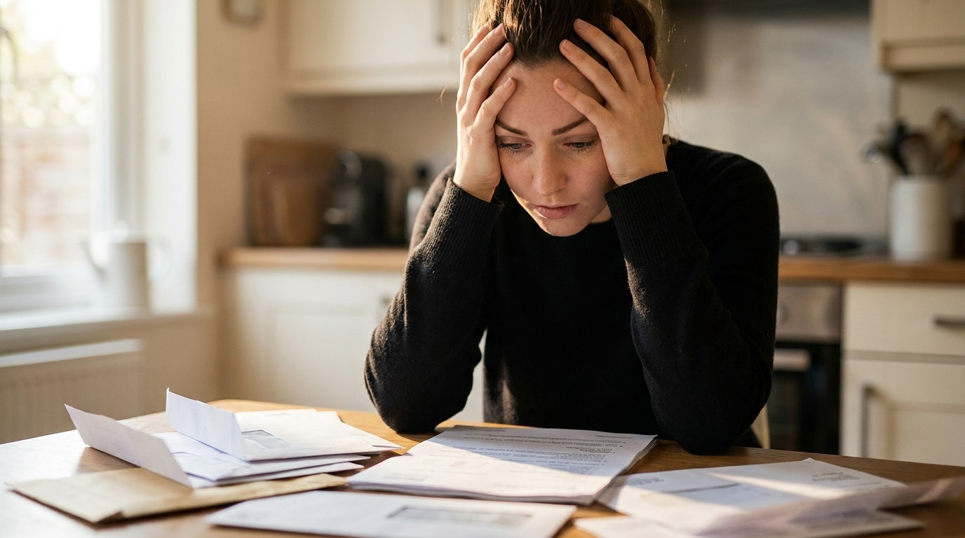 Femme désemparée face à des courriers d'amendes sur une table