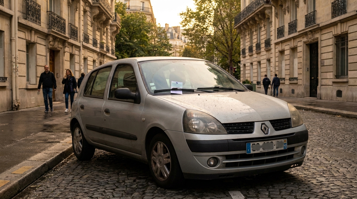 Renault Clio garée avec un PV sous l'essuie-glace