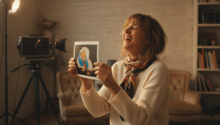 Femme française riant avec une photo ratée à la main