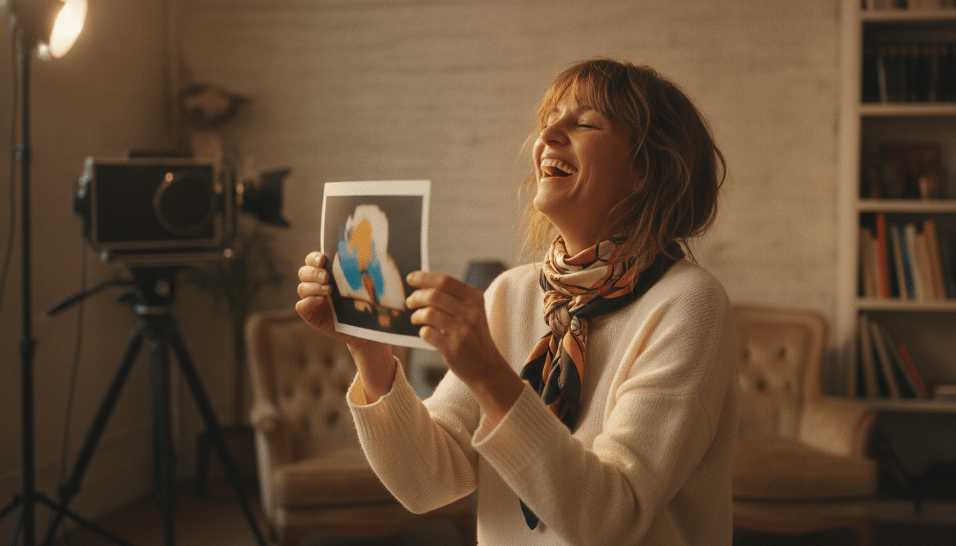 Femme française riant avec une photo ratée à la main