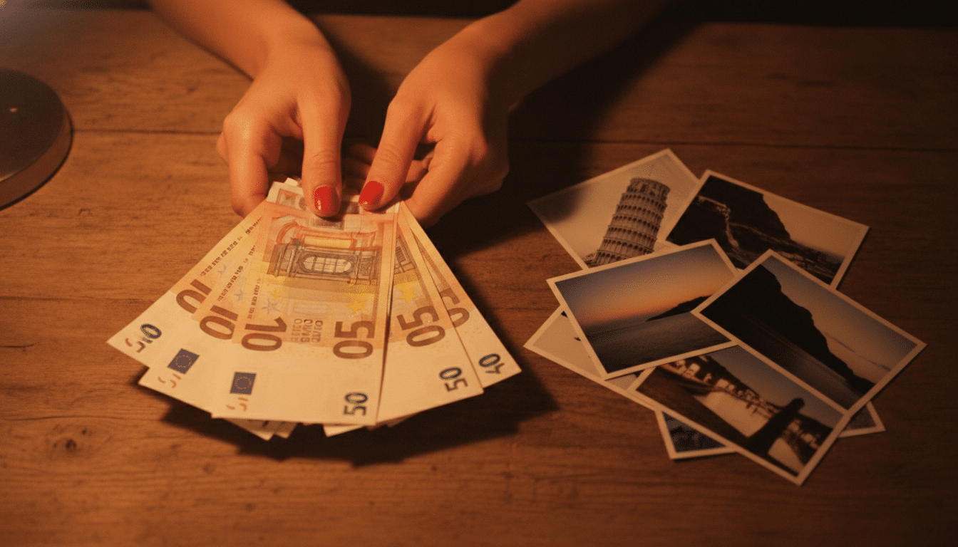 Billets en euros à côté de tirages photo flous et penchés