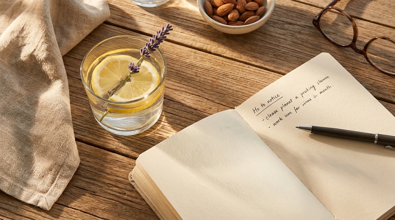 Verre d'eau citronnée et carnet ouvert sur table en bois