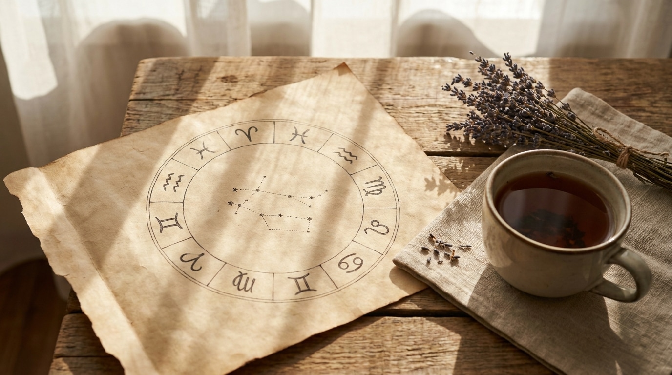 Carte astrologique ouverte sur une table en bois