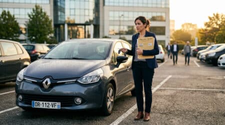 Salarié devant sa voiture personnelle sur un parking professionnel