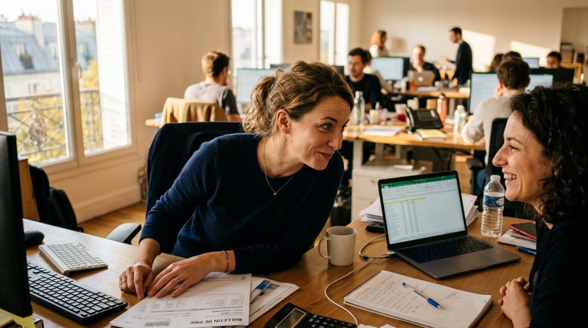 Salarié discutant de son salaire avec un collègue au bureau