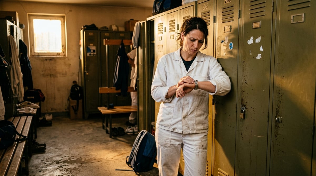 Salarié en tenue de travail vérifiant sa montre au vestiaire