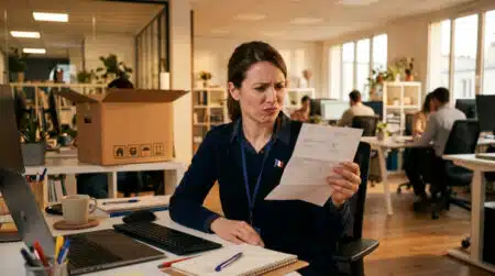 Salarié frustré consultant son bulletin de paie au bureau