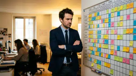 Salarié frustré devant un planning de congés au bureau