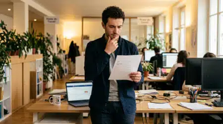 Salarié hésitant tenant un RIB au bureau