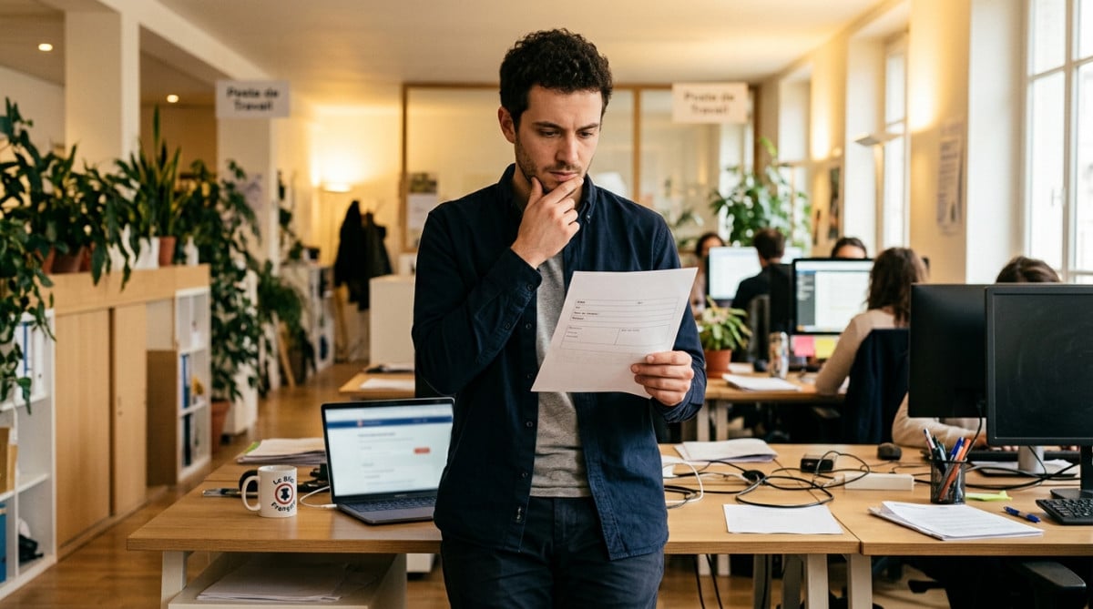Salarié hésitant tenant un RIB au bureau