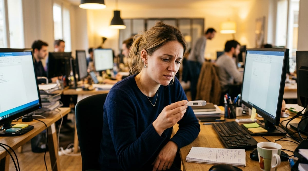 Salarié malade à son bureau tenant un thermomètre
