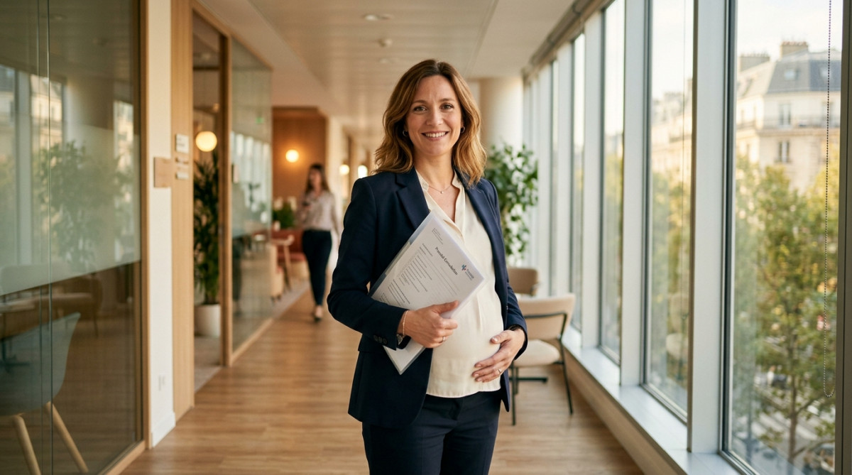 Salariée enceinte avec un document de consultation prénatale au bureau
