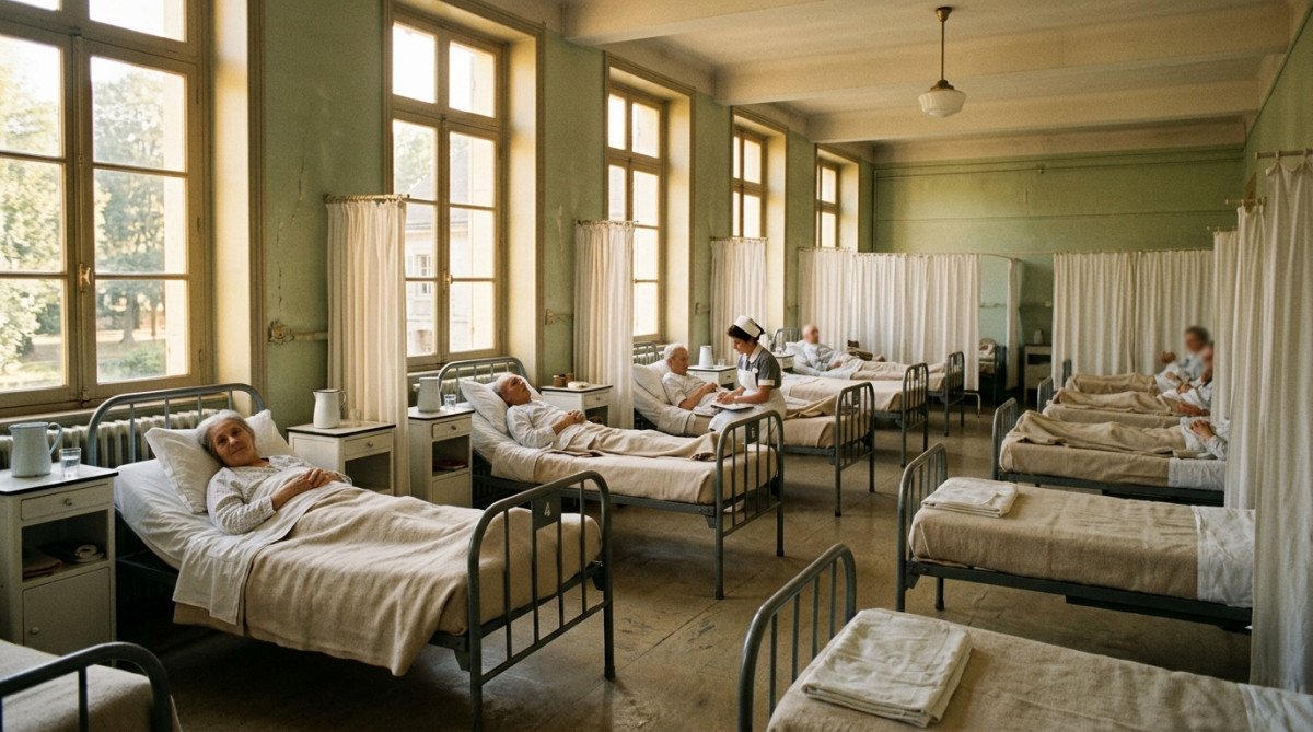 Salle commune d'hôpital français dans les années 1960