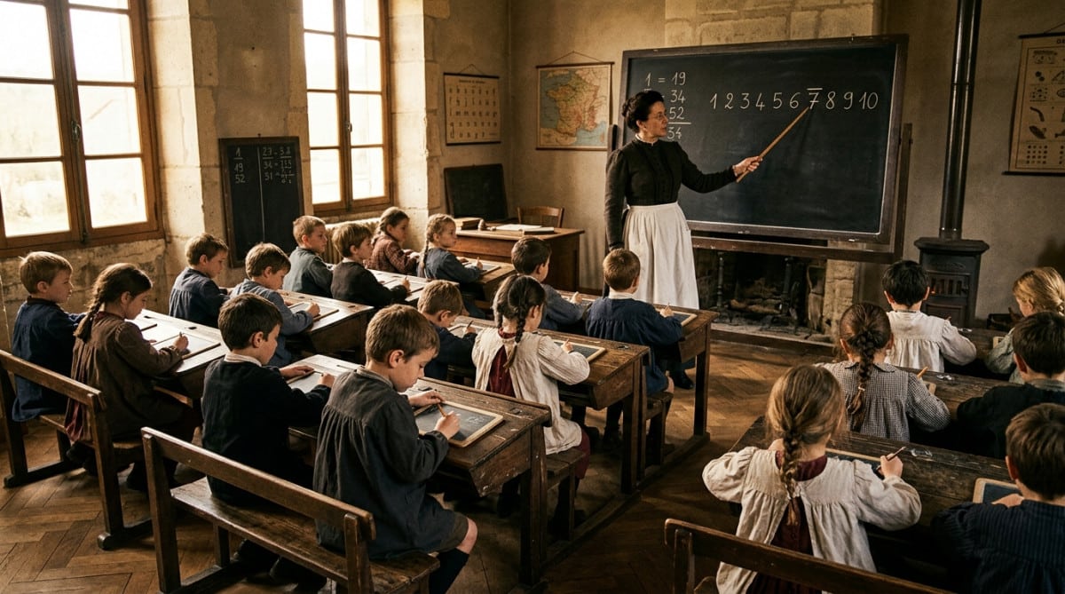 Salle de classe française début XXe siècle avec chiffres au tableau