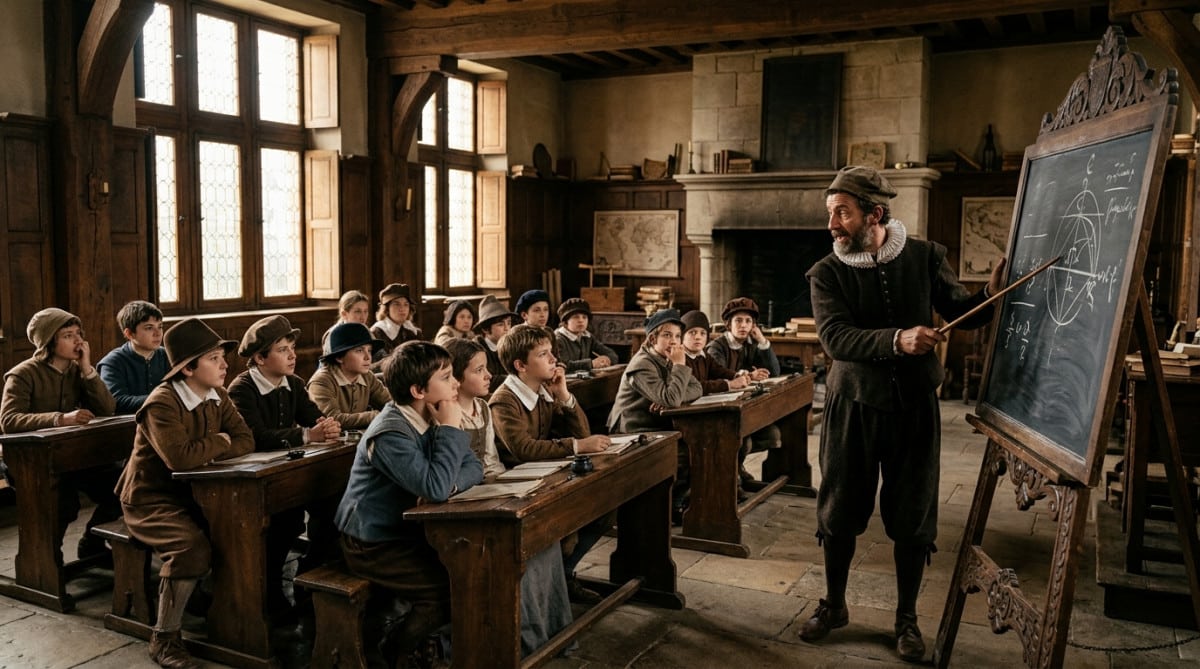 Salle de classe française du XVIIe siècle avec professeur et élèves