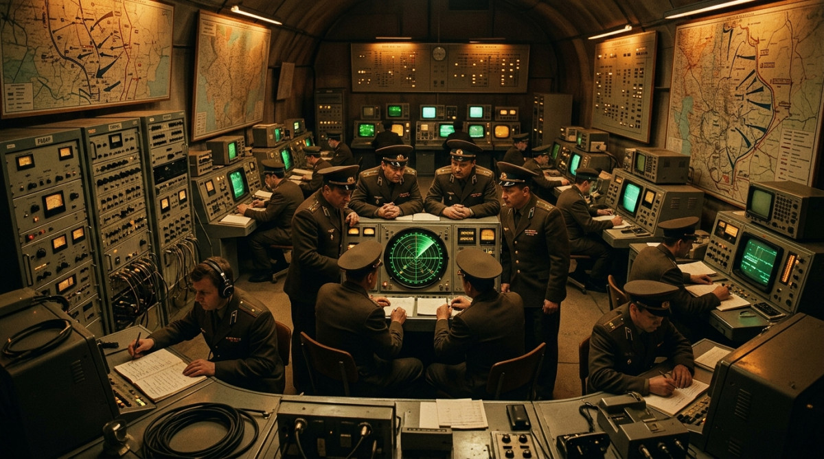 Salle de contrôle militaire des années 1970 surveillant des satellites