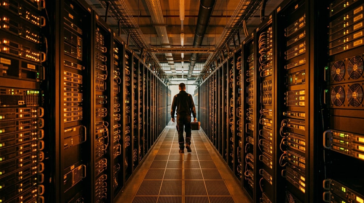 Salle de serveurs avec technicien entre les rangées