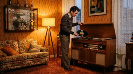 Salon français des années 60 avec combiné radio-électrophone en bois